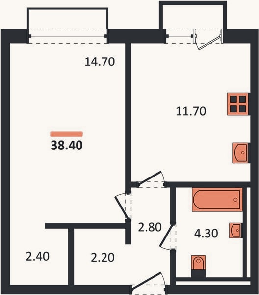 Планировка: 1-к, 38,4 м²