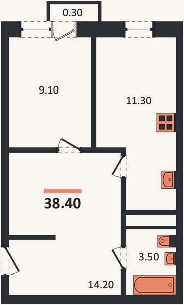 Планировка: 1-к, 38,4 м²