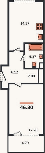 Планировка: 1-к, 46,3 м²