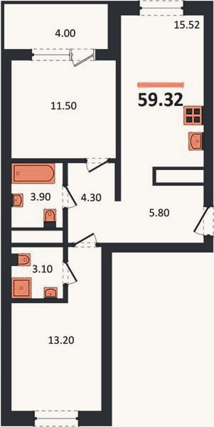 Планировка: 2-к, 59,3 м²