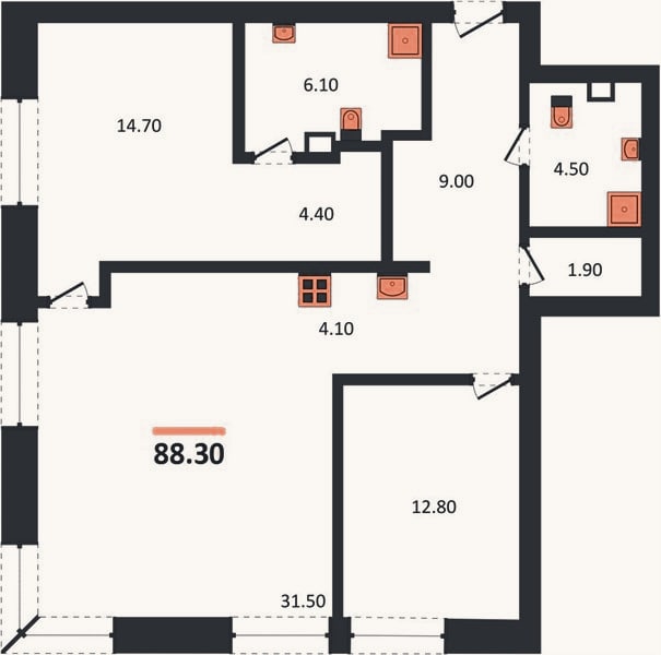 Планировка: 2-к, 88,3 м²