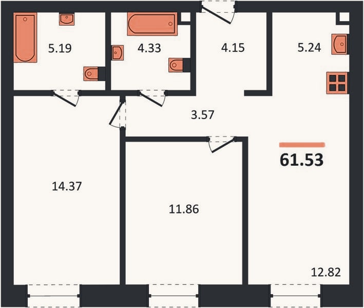 Планировка: 2-к, 61,5 м²