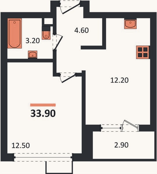 Планировка: 1-к, 33,9 м²