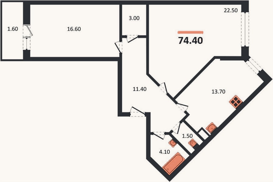Планировка: 2-к, 74,4 м²