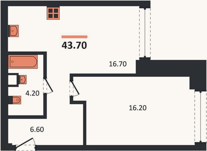 Планировка: 1-к, 43,7 м²