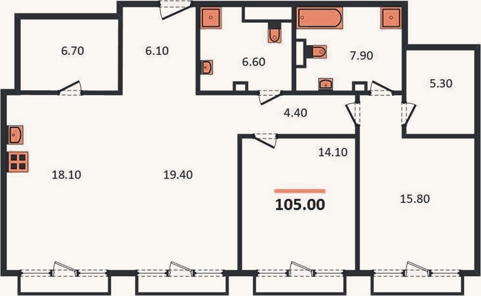 Планировка: 2-к, 105 м²