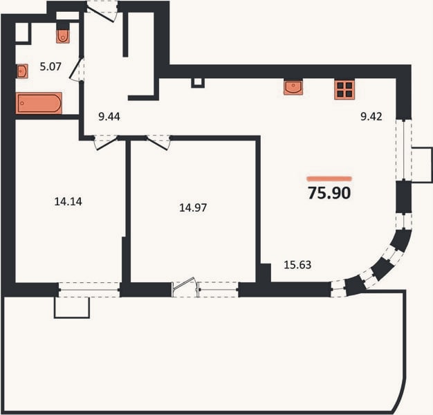 Планировка: 2-к, 75,9 м²