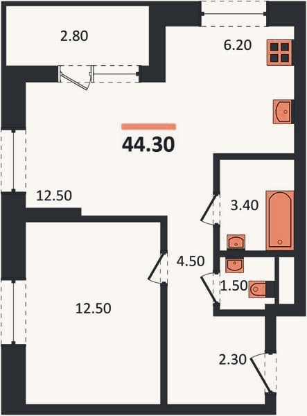 Планировка: 1-к, 44,3 м²