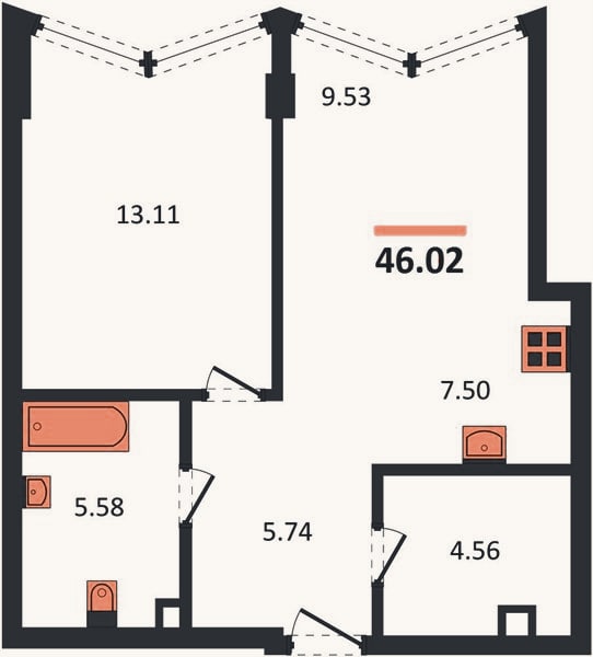 Планировка: 1-к, 46 м²