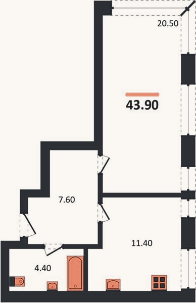 Планировка: 1-к, 43,9 м²