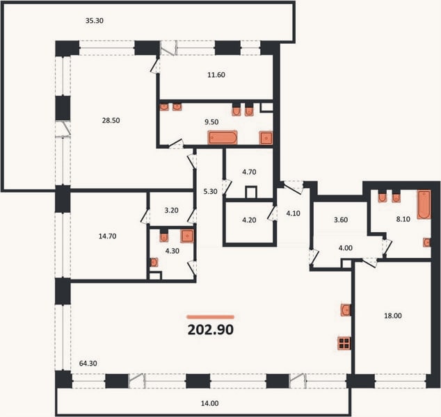 Планировка: 3-к, 202,9 м²
