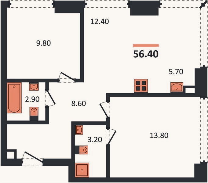 Планировка: 2-к, 56,4 м²