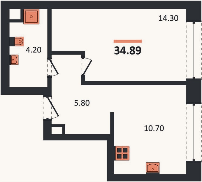 Планировка: 1-к, 34,9 м²