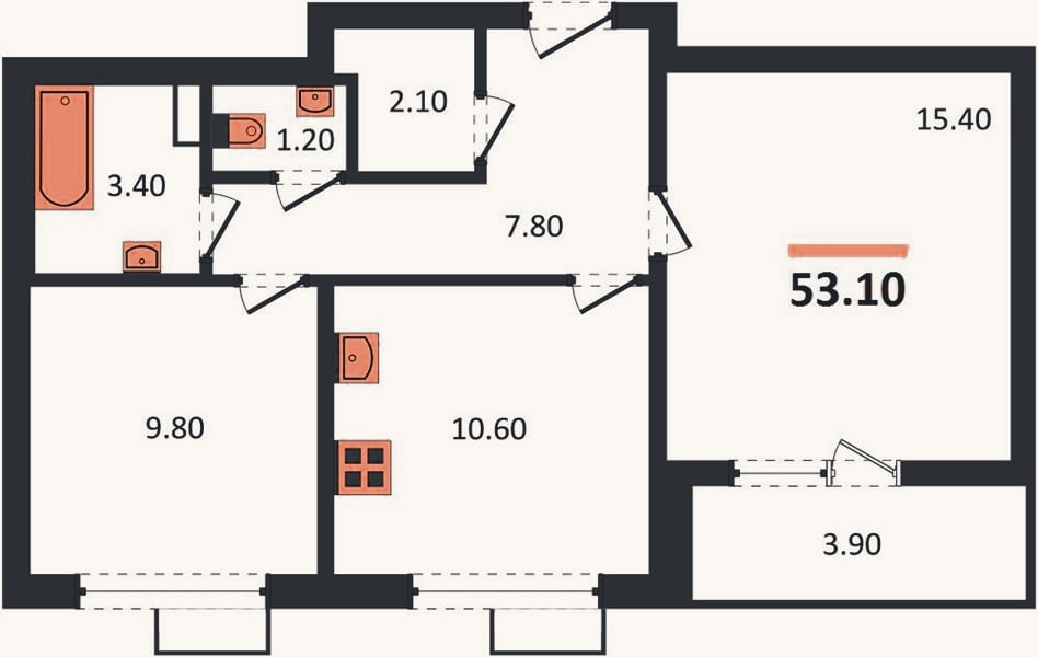 Планировка: 2-к, 53,1 м²