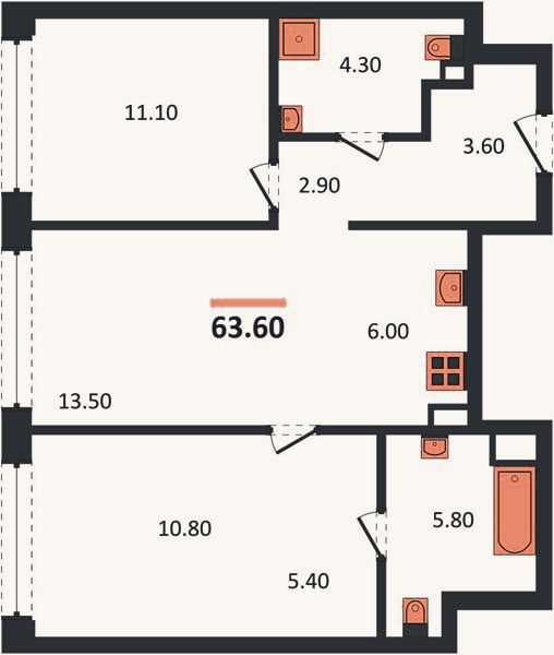 Планировка: 2-к, 63,6 м²