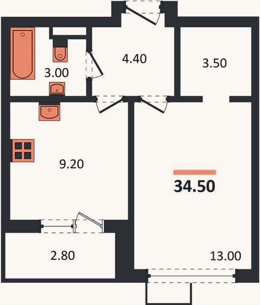 Планировка: 1-к, 34,5 м²