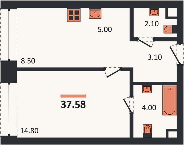 Планировка: 1-к, 37,6 м²