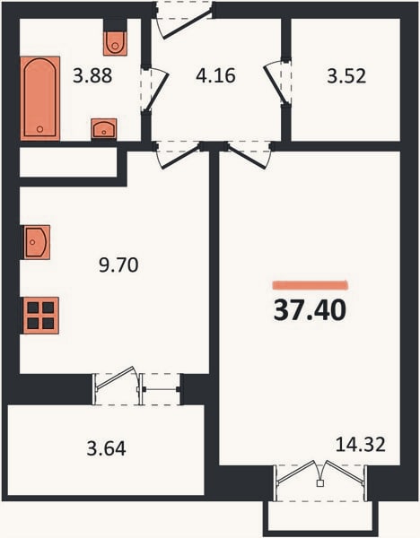 Планировка: 1-к, 37,4 м²