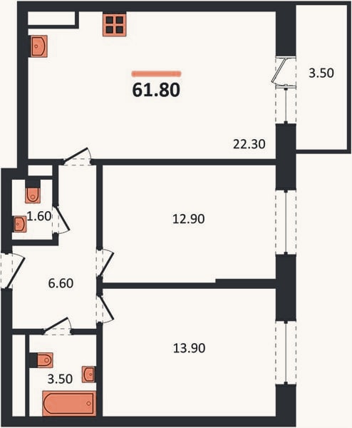 Планировка: 2-к, 63,8 м²