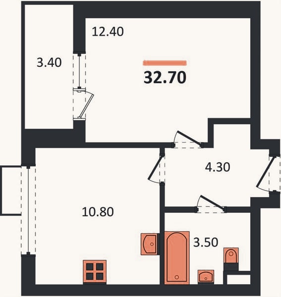 Планировка: 1-к, 32,7 м²
