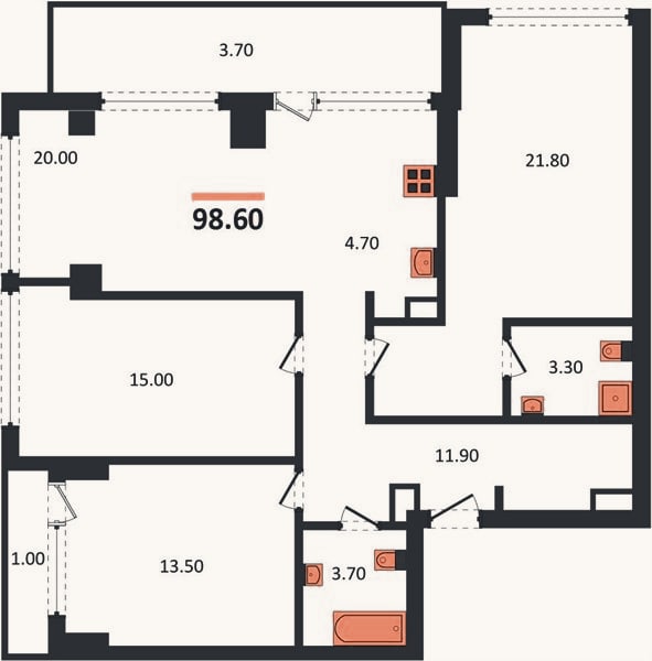 Планировка: 3-к, 98,6 м²