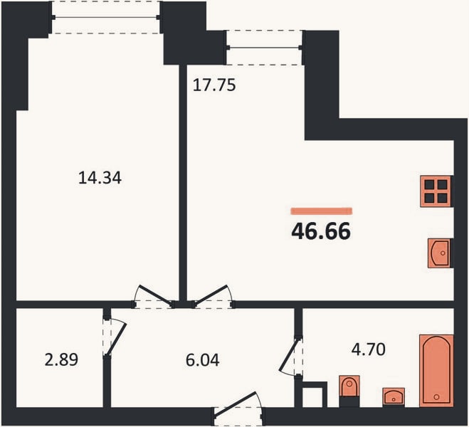 Планировка: 1-к, 46,7 м²