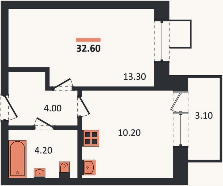 Планировка: 1-к, 32,6 м²
