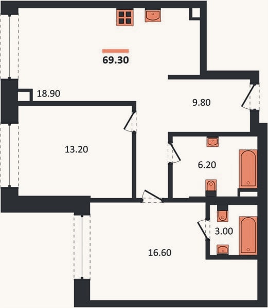 Планировка: 2-к, 69,3 м²