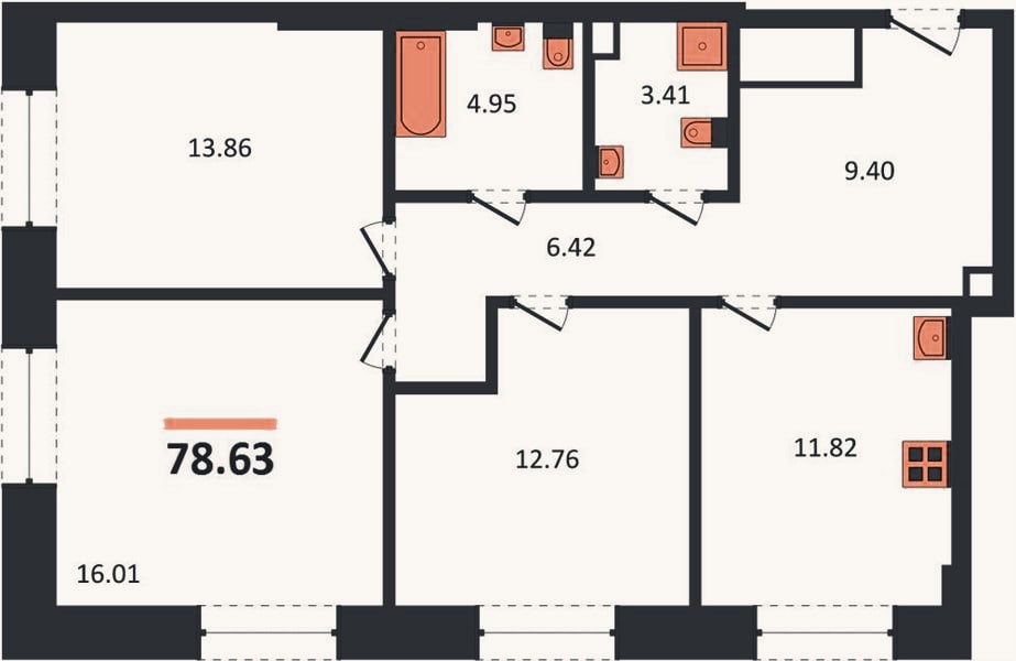 Планировка: 3-к, 78,6 м²