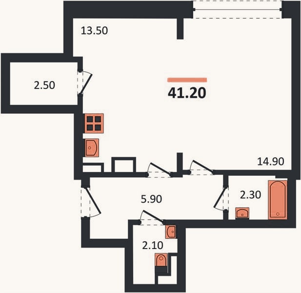 Планировка: 1-к, 44,1 м²