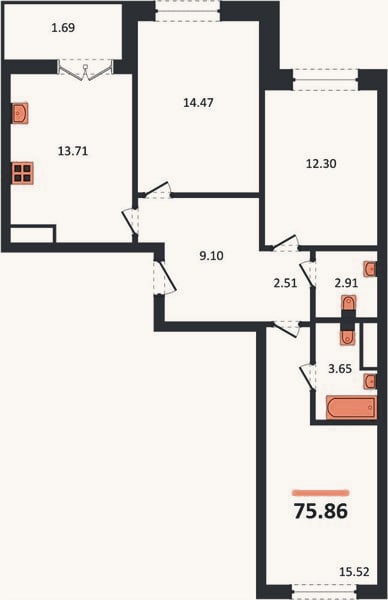 Планировка: 3-к, 75,9 м²
