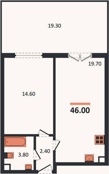 Планировка: 1-к, 46 м²