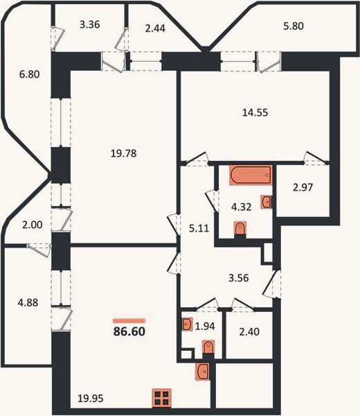 Планировка: 2-к, 86,6 м²