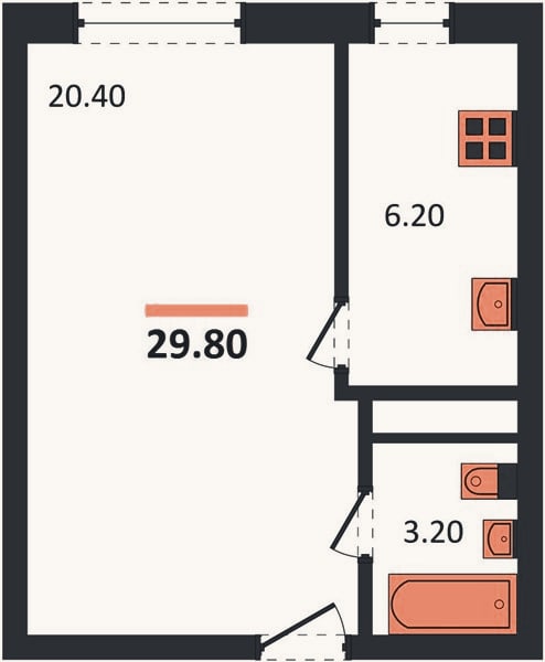 Планировка: 1-к, 29,8 м²