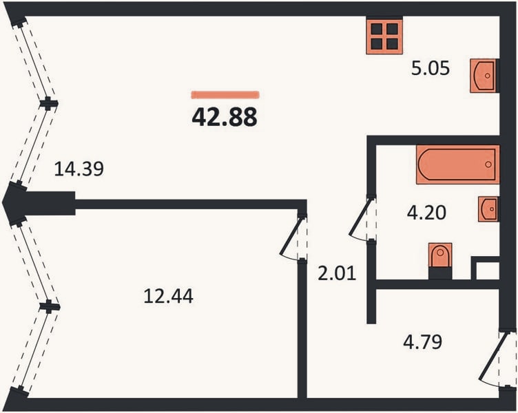 Планировка: 1-к, 42,9 м²