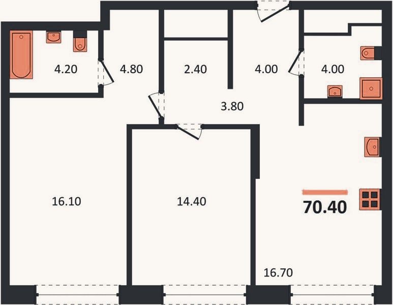 Планировка: 2-к, 70,4 м²