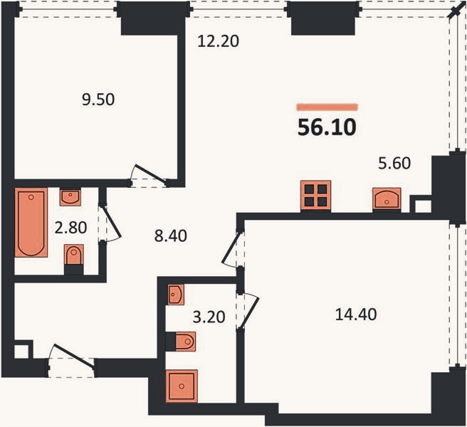 Планировка: 2-к, 56,1 м²