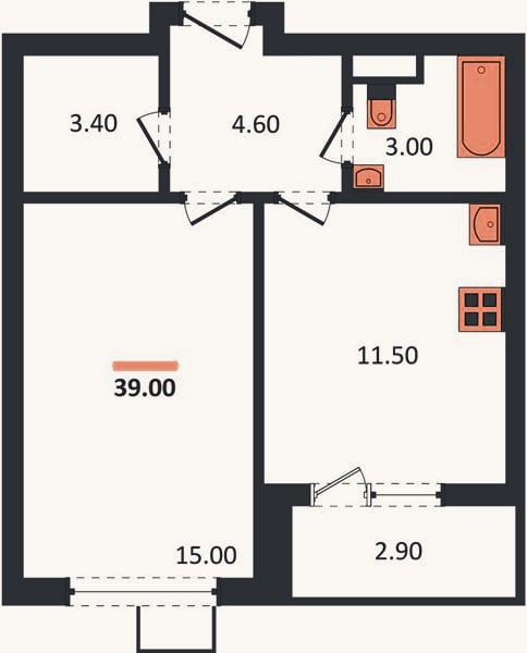 Планировка: 1-к, 39 м²