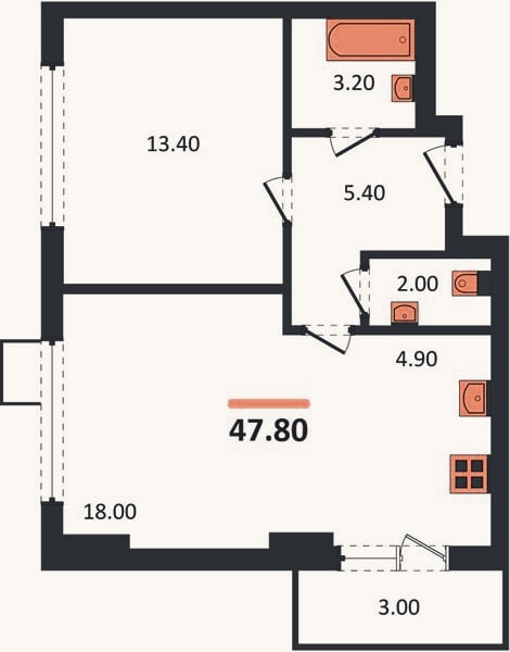 Планировка: 1-к, 47,8 м²