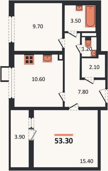 Планировка: 2-к, 53,3 м²