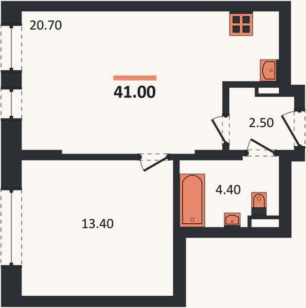 Планировка: 1-к, 41 м²
