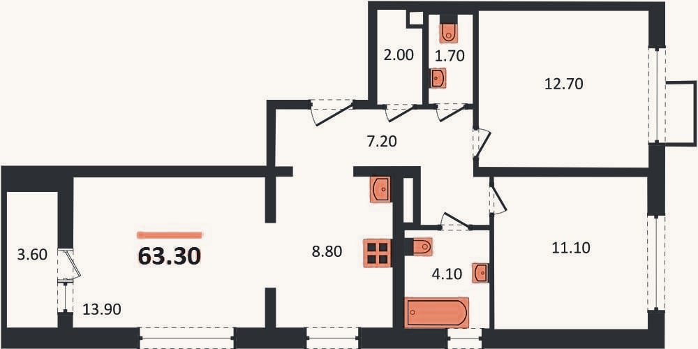 Планировка: 3-к, 63,3 м²