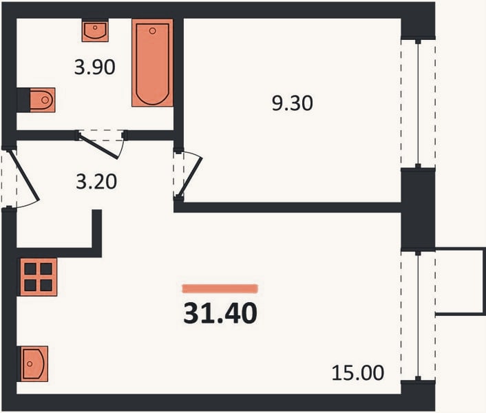 Планировка: 1-к, 31,4 м²