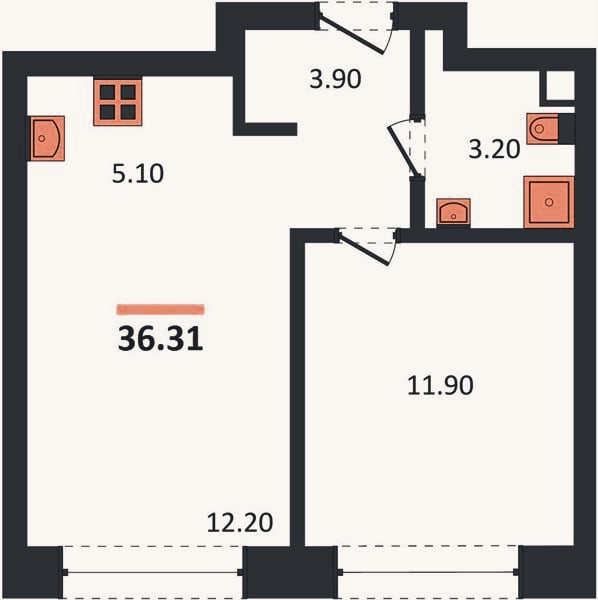 Планировка: 1-к, 36,3 м²