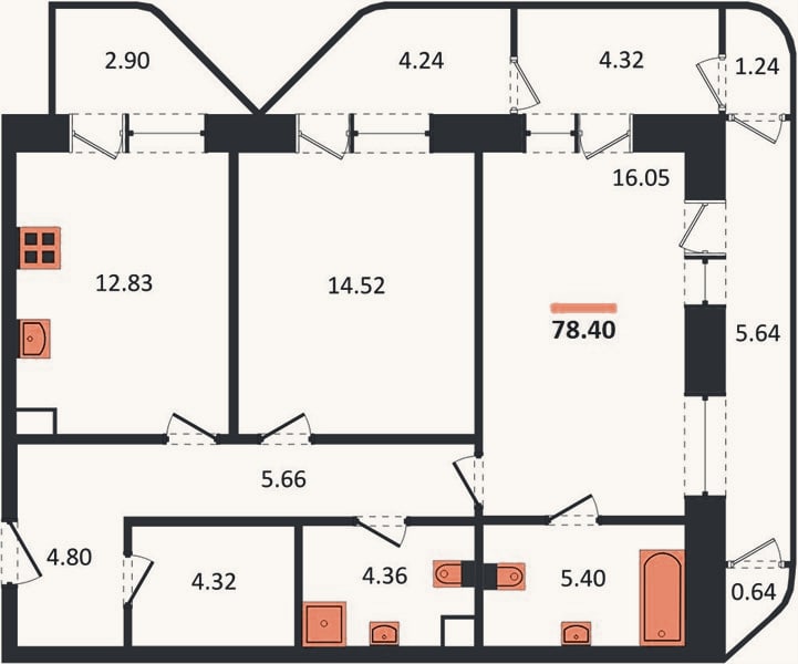 Планировка: 2-к, 78,4 м²