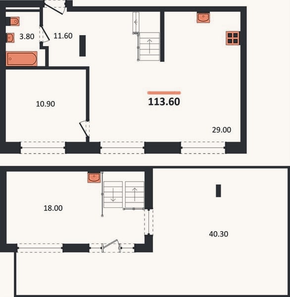 Планировка: 1-к, 113,6 м²