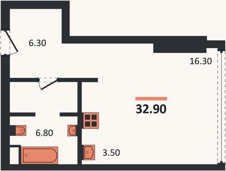 Планировка: Студия, 32,9 м²