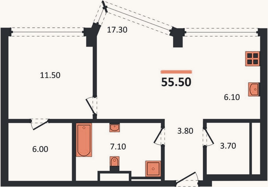 Планировка: 1-к, 55,5 м²