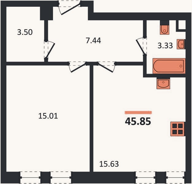 Планировка: 1-к, 45,9 м²