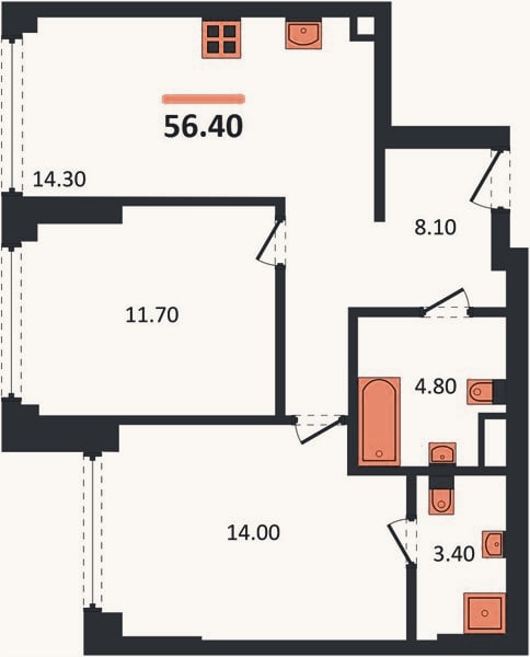 Планировка: 2-к, 56,4 м²